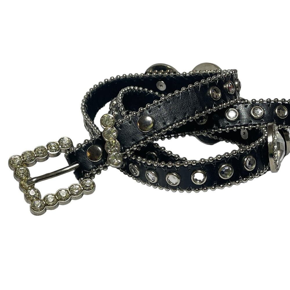 Vintage Leather Y2K Black Skinny Leather Grunge Studded Rhinestone Belt SIZE M/L